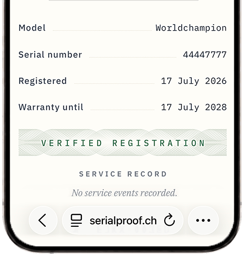 SerialProof digital watch certificate — registration, warranty and service record