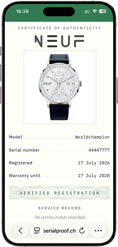 SerialProof digital certificate for a luxury watch